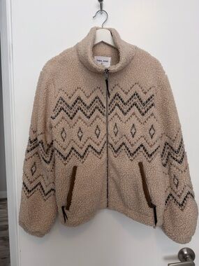 Tribal Cream Sherpa Zip-Up Jacket with Geometric Pattern